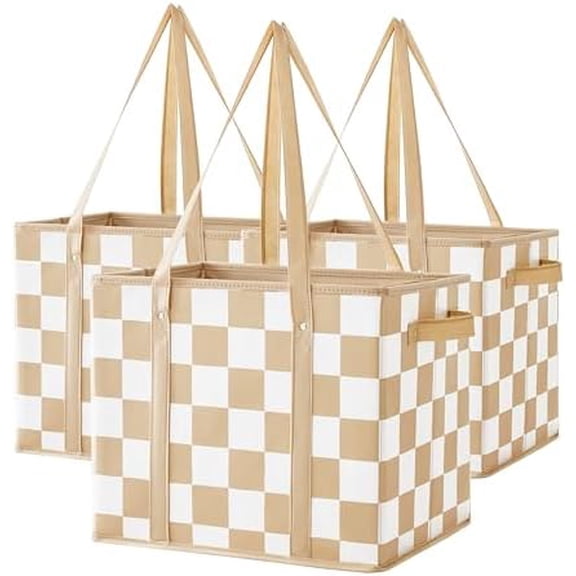 Checkered Reusable Grocery Bags Heavy Duty 3 Pack Foldable Shopping Bags with Handles for Groceries Collapsible Tote