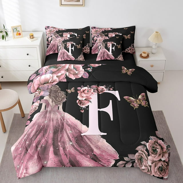Erosebridal Ensemble de Literie Complet Lettre Initiale de A à Z Format Grand Lit, Literie Princesse à Roses Format Grand Lit, Ensemble de Lit Réversible Monogrammé F, Décor Léger pour Chambre, 7 Pcs
