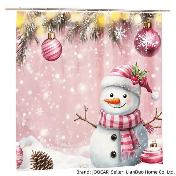 JOOCAR Christmas Snowman Pink Holiday Shower Curtain with Ornaments and Snowflakes for Home Bathroom Bath Tub Decoration 72x72 inch