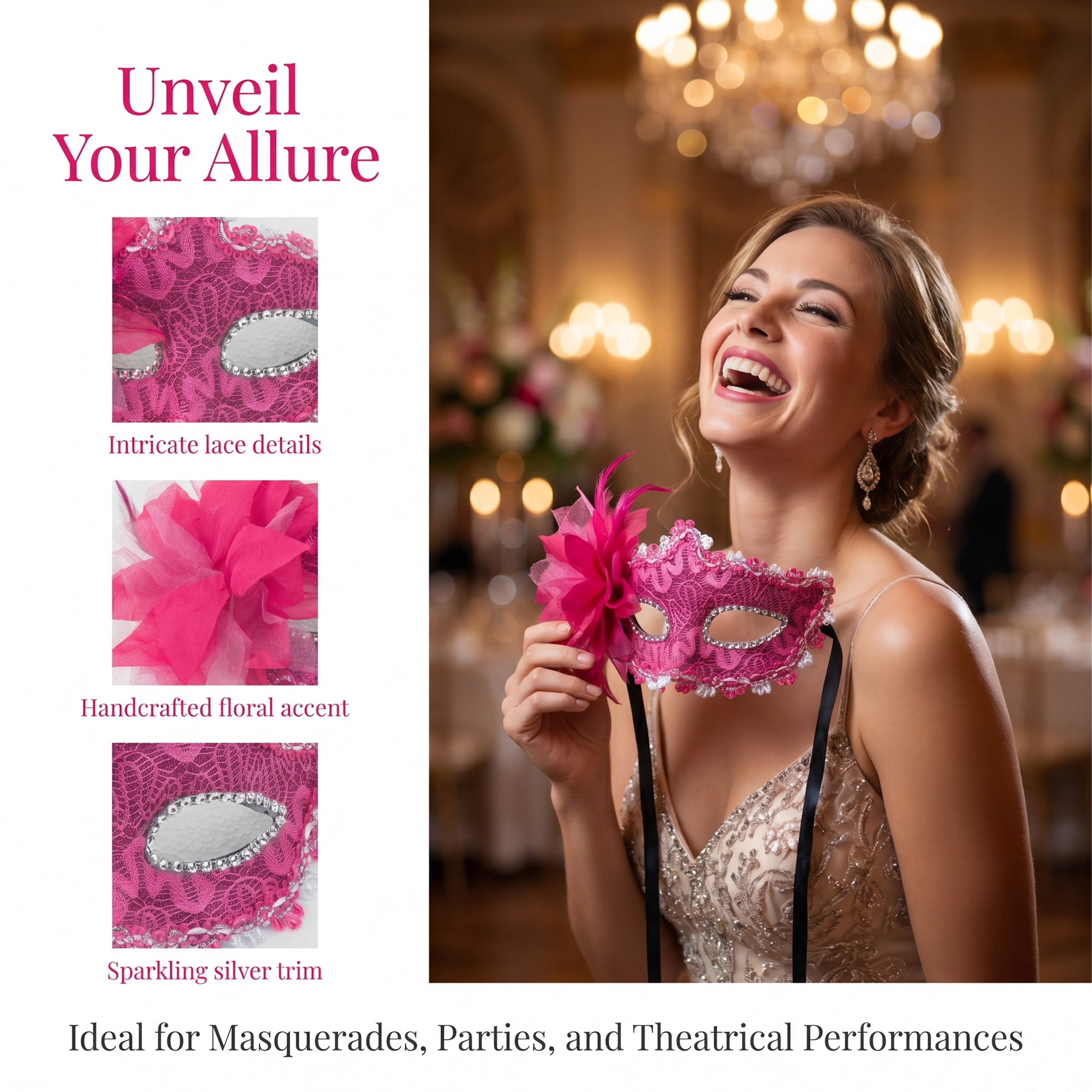 Unique Bargains Venetian Masquerade Side Flower Rose Eye Mask for Party Rose 6.3" x 4.3"