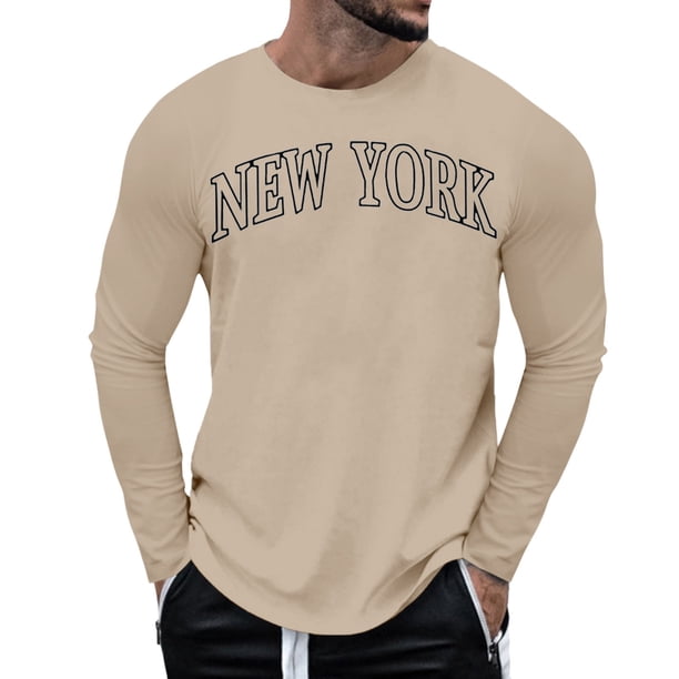 Camiseta informal de manga larga y cuello redondo con estampado de letras para hombre - Mezcla de poliéster suave, cuello redondo, versátil para fiestas/ocio - Tallas M-XXXL