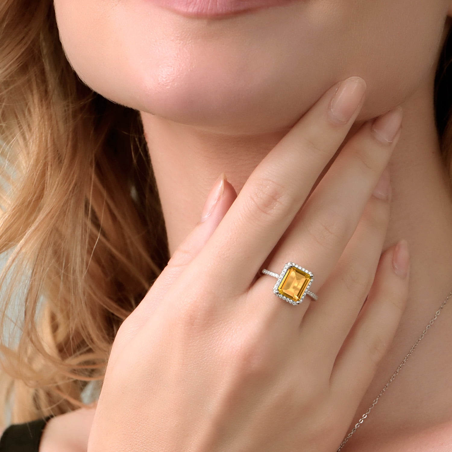 Gem Stone King 925 Sterling Silver Yellow Citrine Engagement Ring for Women (3.26 Cttw, Emerald Cut 10X8MM, Gemstone November Birthstone, Available in Size 5,6,7,8,9)