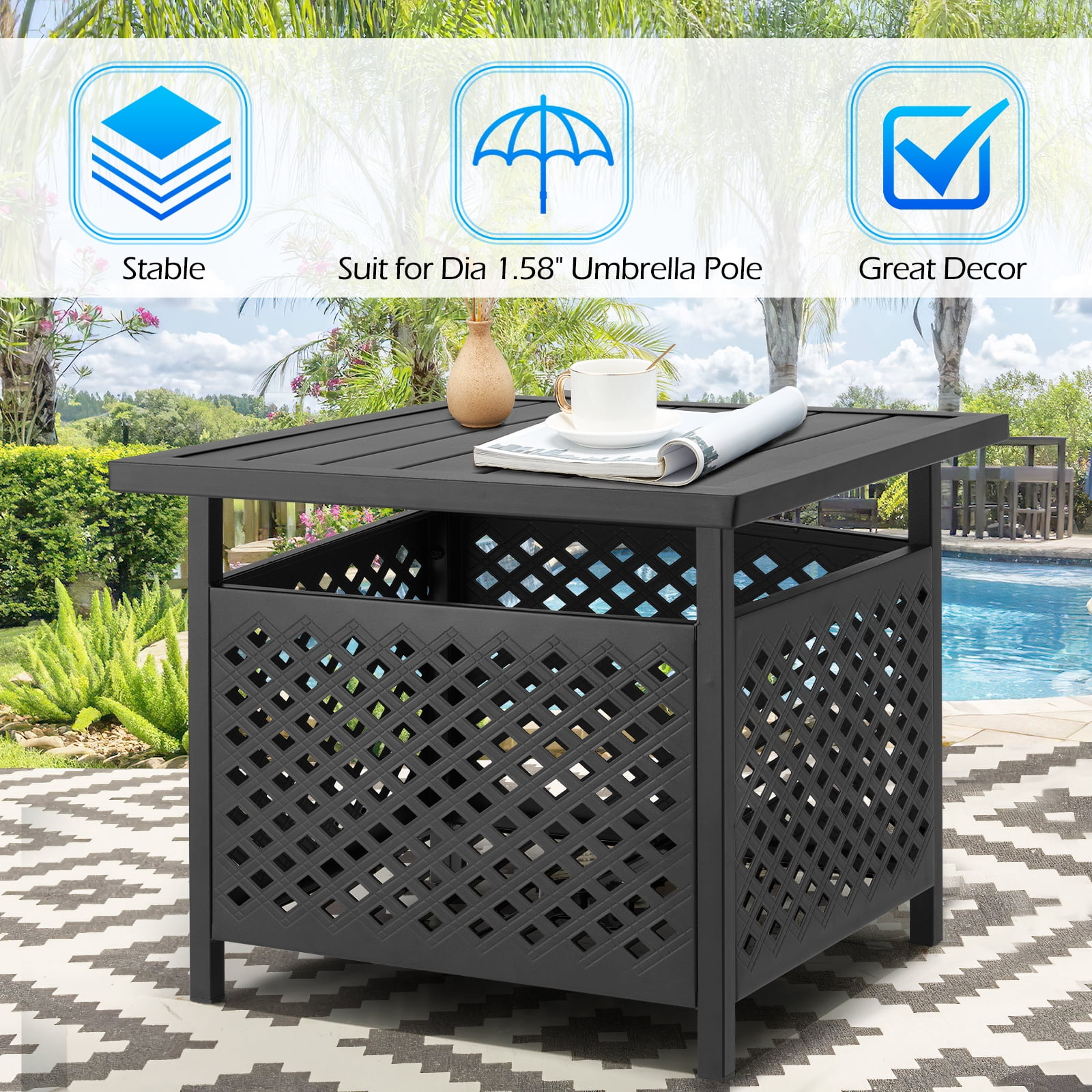 AECOJOY Patio Table Umbrella Base, Outdoor Metal Bistro Table Stand with Umbrella Hole