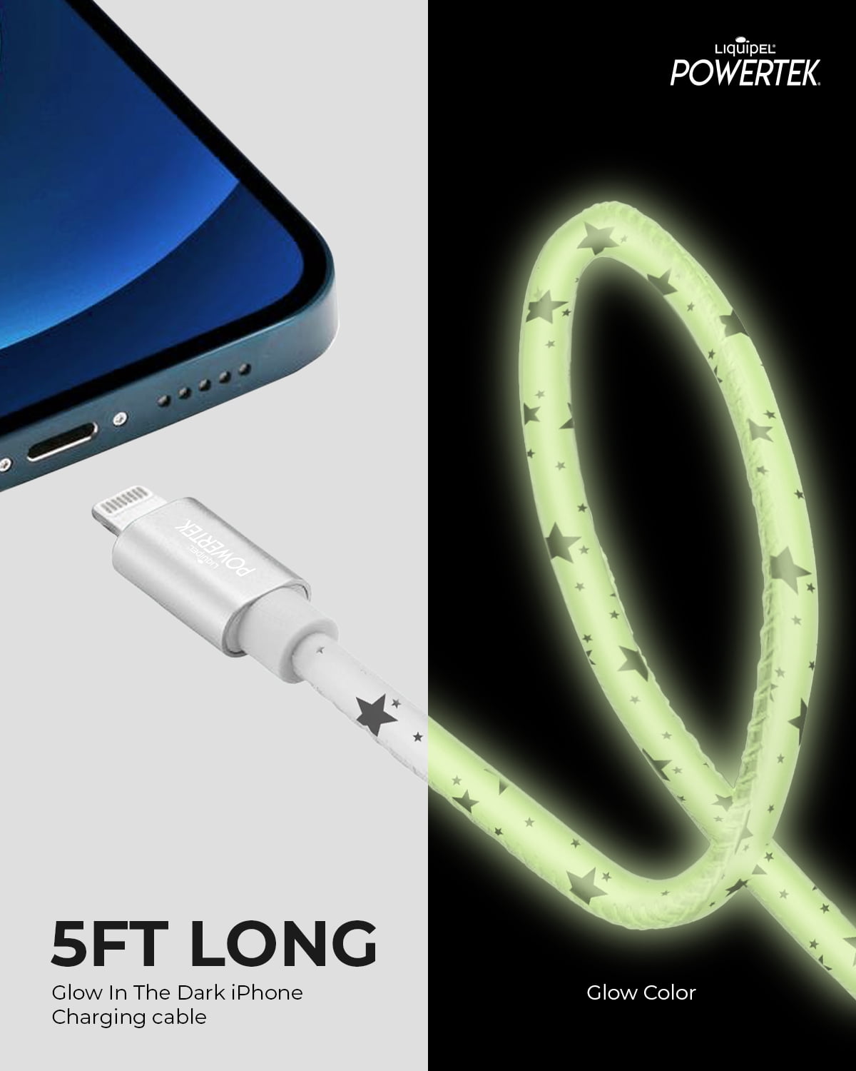Liquipel Powertek Glow in Dark Cable lightning - White w/stars