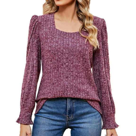 tarylea Square Neck Shirt for Women Ribbed Ruffled Long Sleeve Shirts Solid Color Loose Pullover Fall Dailywear