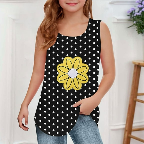 BRGZLK Girls Tank Top Summer Cute Polka Dots Printed Sleeveless T Shirt For Teen Loose Casual Round Neck Camisole Black 9-10 Years