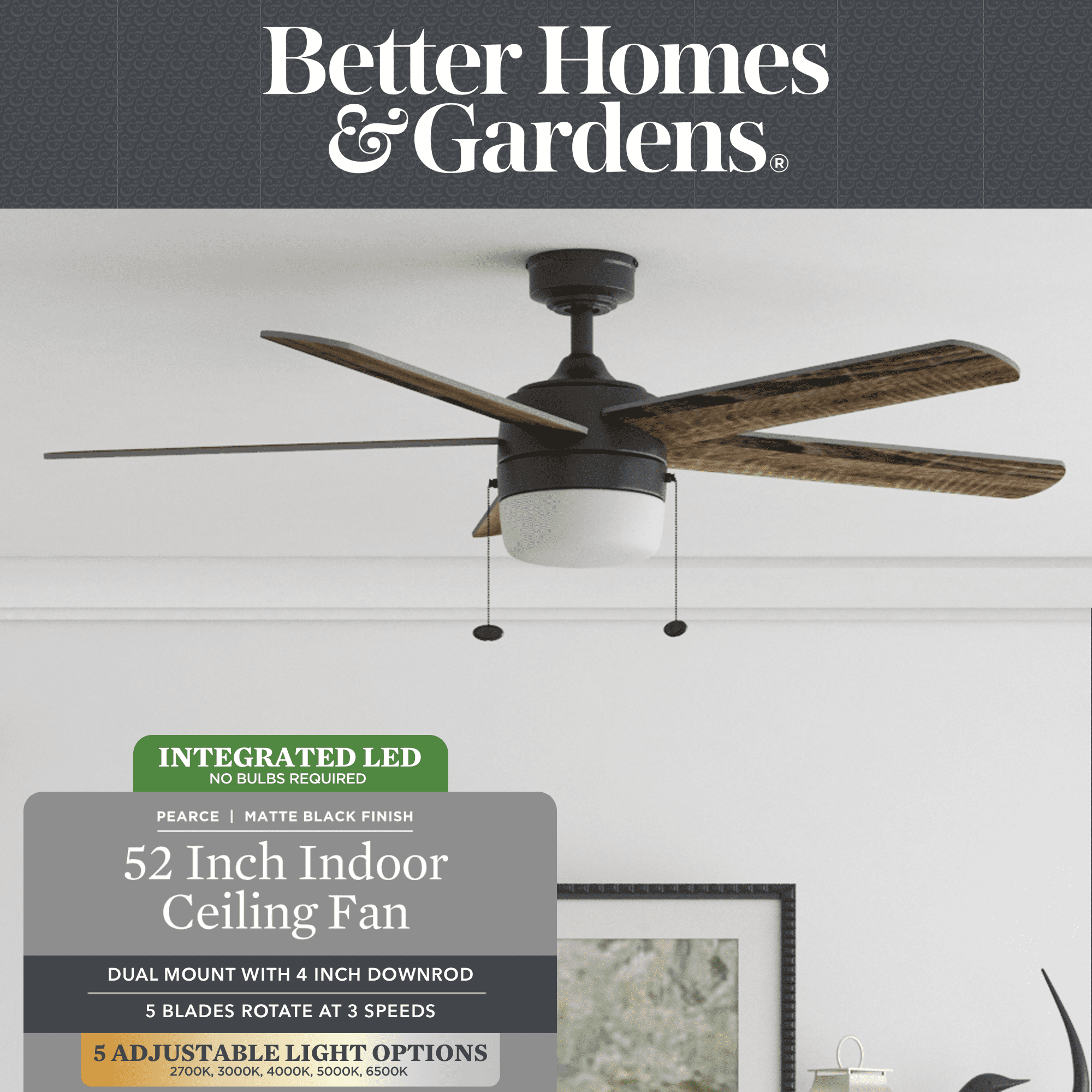 Better Homes & Gardens 52" Pearce Modern Black Indoor Ceiling Fan with Light, Adjustable Color Temperature & Reverse Airflow