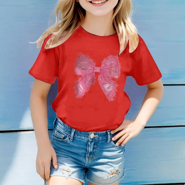 Girls Tops Tees & Shirts Children's Casual Letter Pattern Print Multicolor Round Neck Short Sleeves for Girls