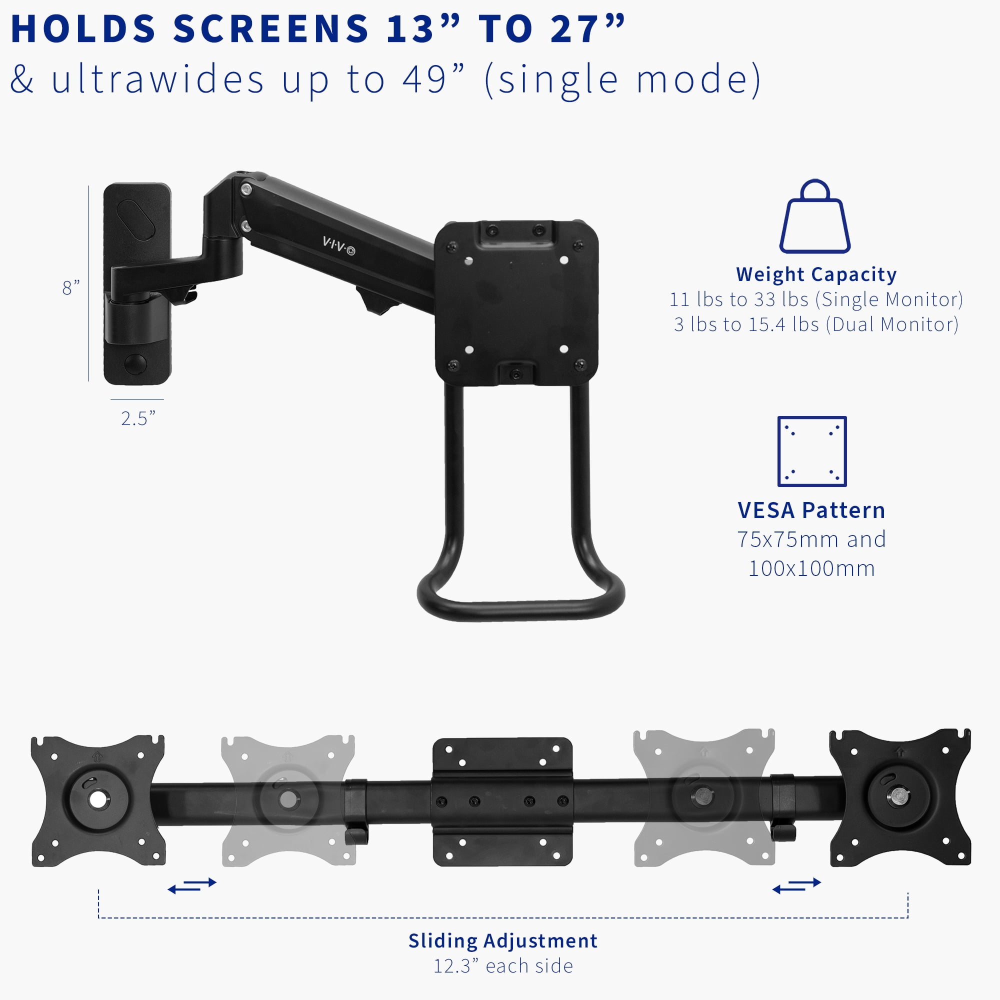 VIVO Dual Monitor Pneumatic Wall Mount, Fits 2 Screens up to 27" or 1 up to 49"