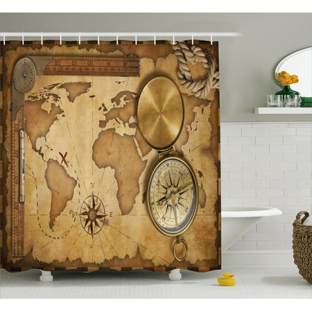Treasure Map Shower Curtain Map Shower Curtain, Aged Vintage Treasure Map Ruler Rope Old Compass Antique Adventure Discovery, Fabric Bathroom Set with Hooks, 69W X 70L Inches, Brown Pale Brown, by Ambesonne ()