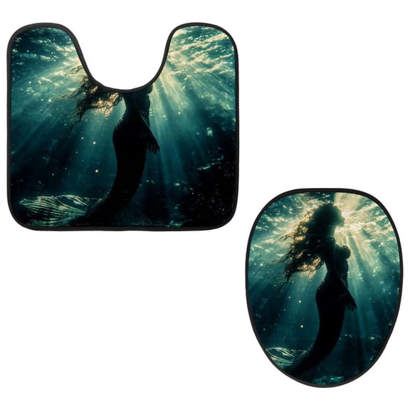 PhooArto Toilet Lid Cover and U-Shaped Toilet Floor Mat Set of 2 Pieces, Mermaid in the Ocean Toilet Mat Set, Machine Washable Seat Covers Non-Slip Absorbent Rugs