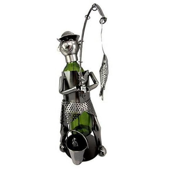 Atlantic Collectibles Countryside Fisherman Angler Fishing Hobby Man Hand Made Metal Wine Bottle Holder Caddy 15.5"H
