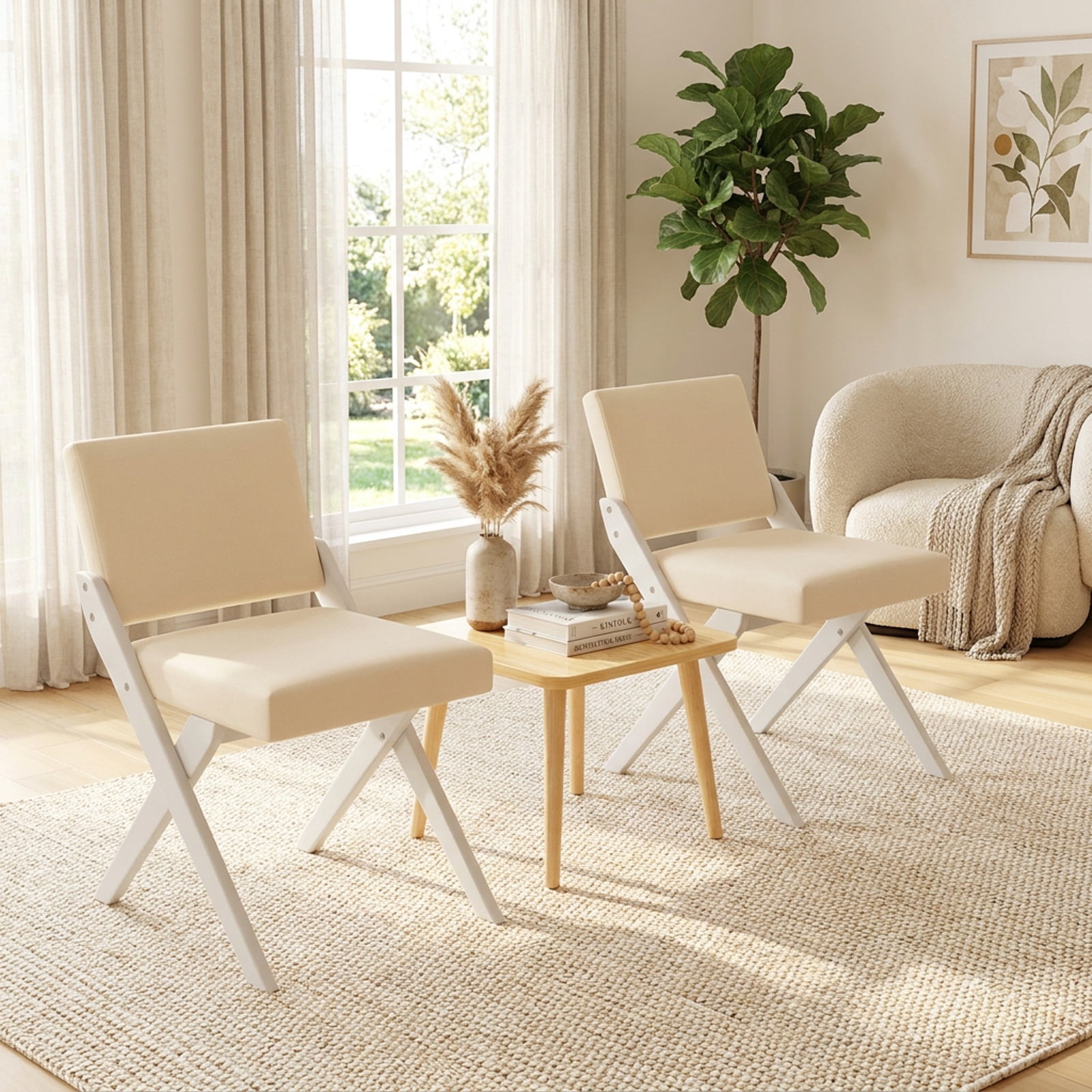 Furnibear Wooden Dining Chairs Set of 2 with Rubber Wood Frame and Padded Polyester Cushion for Kitchen and Dining Room, White