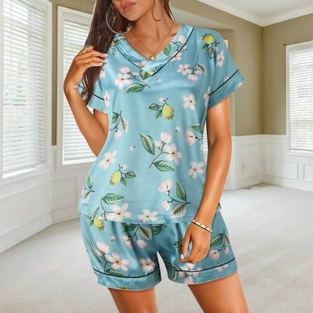 

nsendm Women Pajamas Set Satin Sleepwear Lingerie V Neck Shirt Shorts Nightwear Homewear Silk Sleep Wear Pajamas D Medium