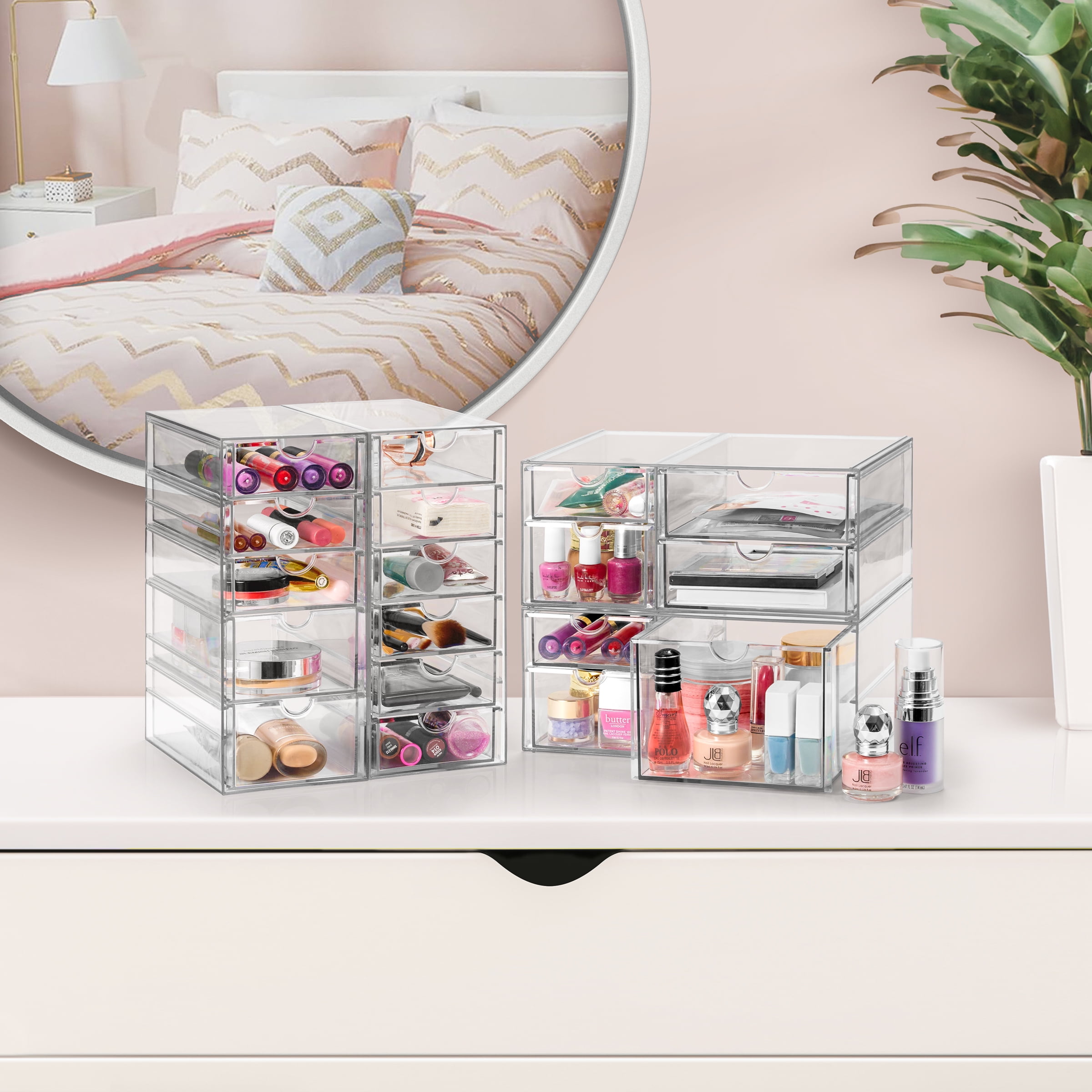 Sorbus 4-Piece Clear Acrylic Makeup Organizer with 18 Drawers, Stackable Storage Bins