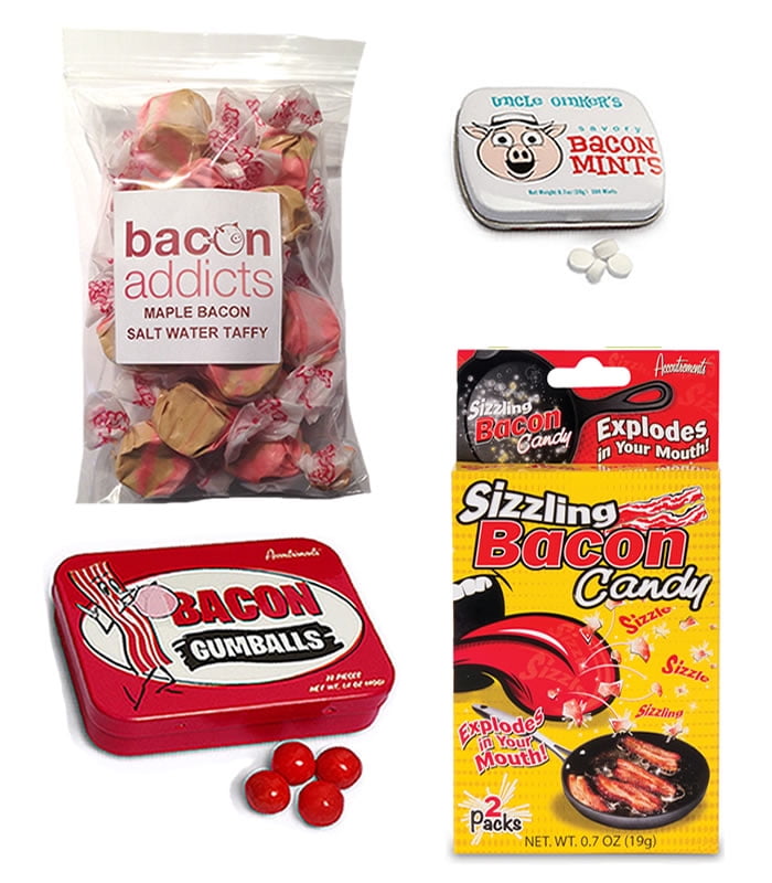 Bacon Candy Sampler Gift Pack (4pc Set) Bacon Mints, Bacon Gumballs, Maple Bacon Salt... by