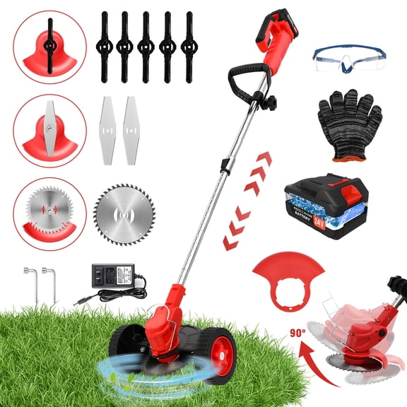 Lightweight 21V Cordless Electric Weed Wacker with Wheels, 3-in-1 Lawn Edger Trimmer with Dual Safety Switch & Angle Adjustment for Lawn Care