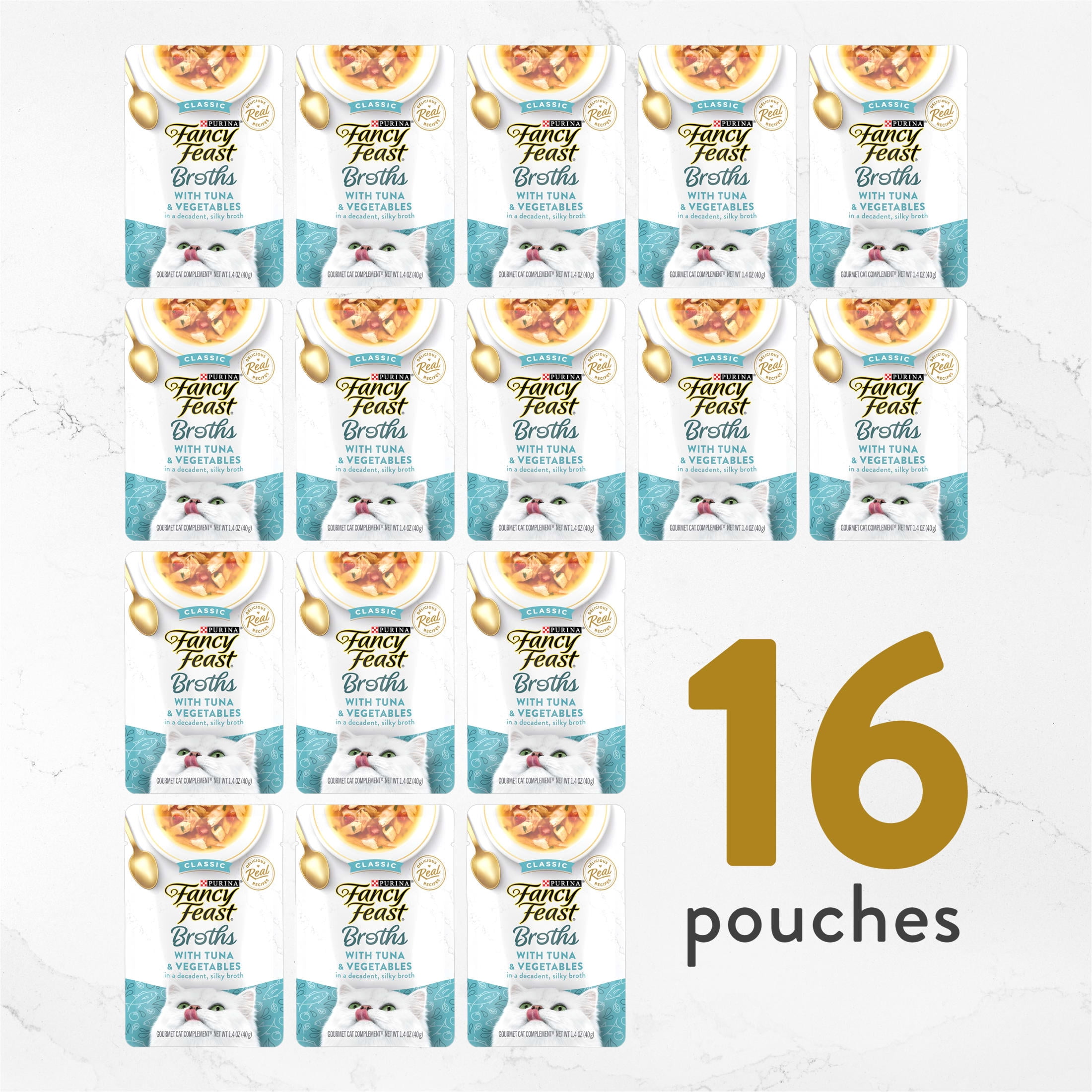 Purina Fancy Feast Broths, Wet Cat Food, Tuna & Vegetables, 1.4 oz Pouch, 16 Pack