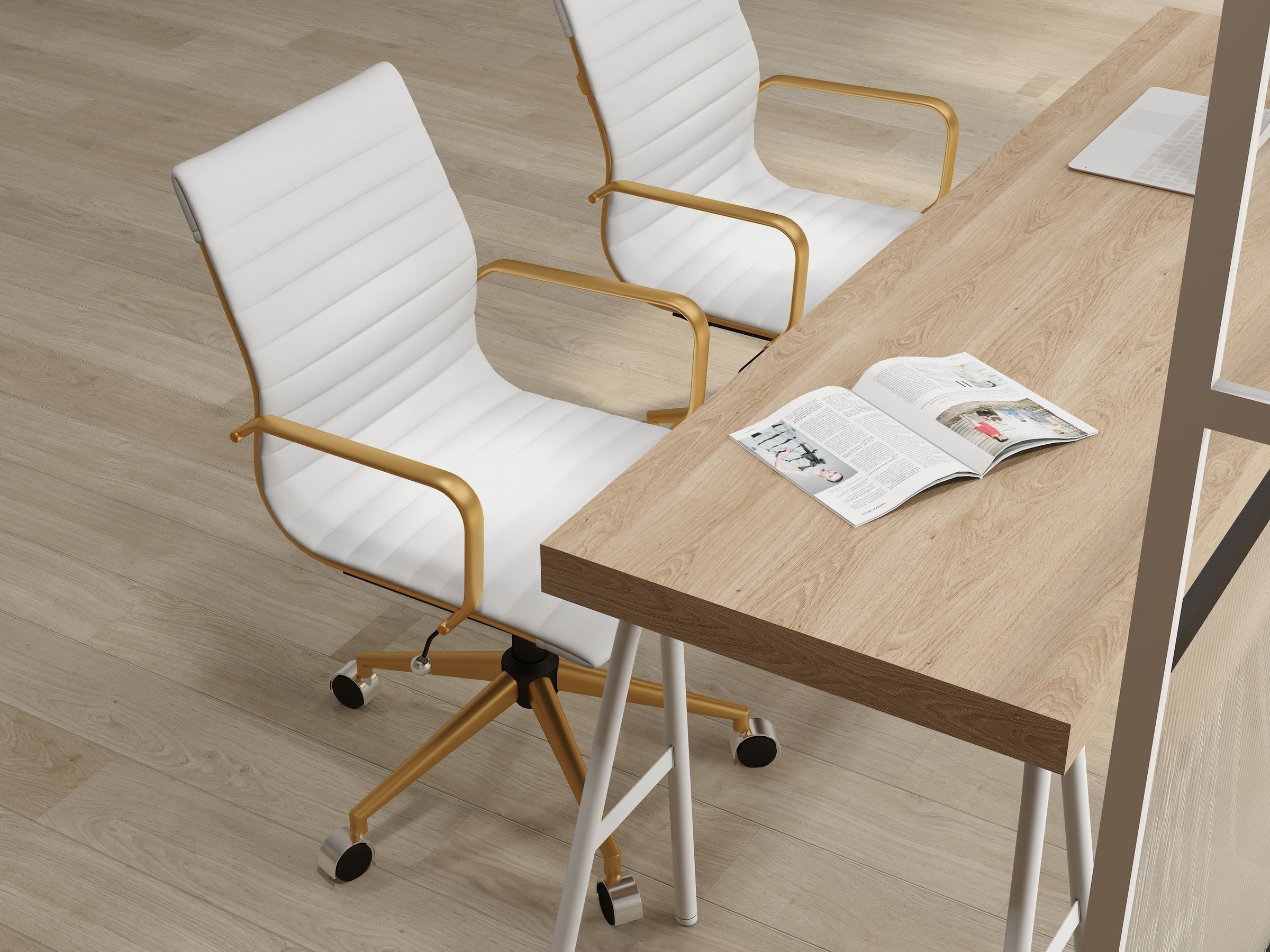 Luxmod Mid Back Gold Office Chair in White Leather, Adjustable Swivel Chair in Durable Vegan Leather, Ergonomic Desk Chair for Extra Back & Lumbar Support, Modern Executive Chair