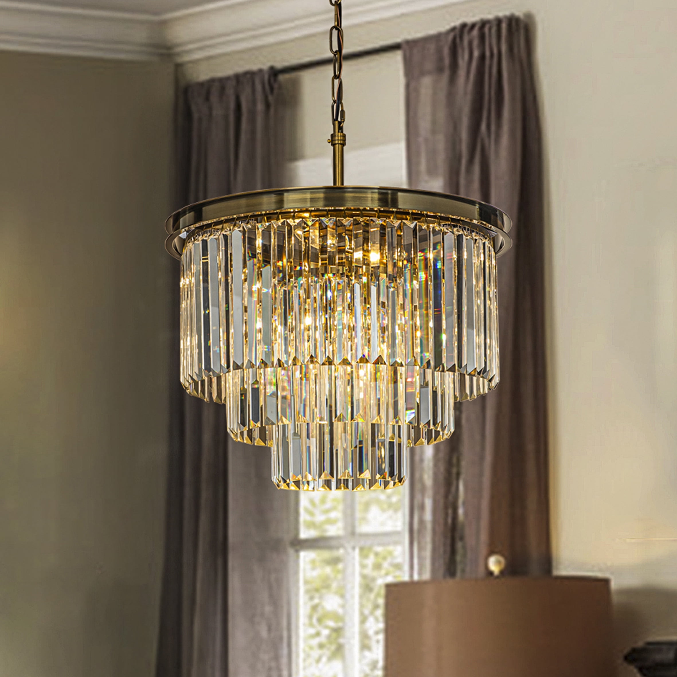 Antique Gold 3-Tier Crystal Candle Chandelier with Geometric Frame