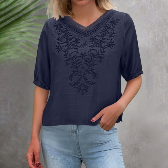 Yxbdin Plus Size Linen Shirts for Women Graphic Short Sleeve Tee Loose Fit Crew Neck Shirt Spring Summer Solid Tops Navy XXXXL