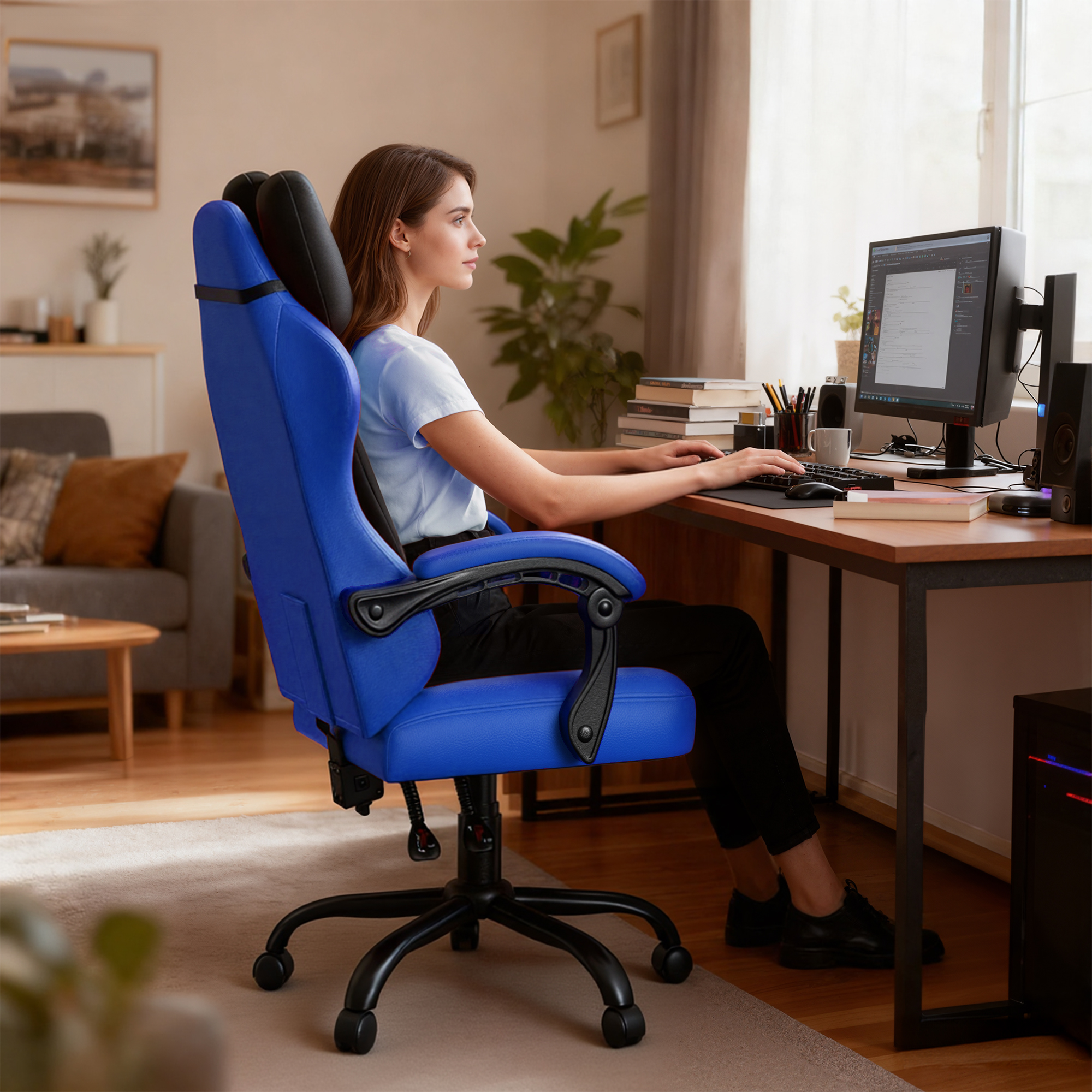 Seenda Gaming Chair, Fabric Comfy Video Gaming Chair, High Back Computer Chair, Adjustable Swivel Office Desk Chair with Headrest and Lumbar Support