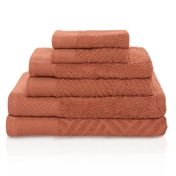 Basket Weave Egyptian Cotton 500 GSM Jacquard and Solid Combo 6-Piece Towel Set, 2 Face, 2 Hand, and 2 Bath Pecan