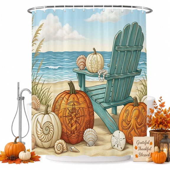 66x72 Inch Shower Curtains for Bathroom, Fall Coastal Bath Curtain Decor, Thanksgiving Orange White Pumpkins Beach Conch Waterproof Restroom Curtains Shower Set Accessories with 12 Hooks 66 Inch