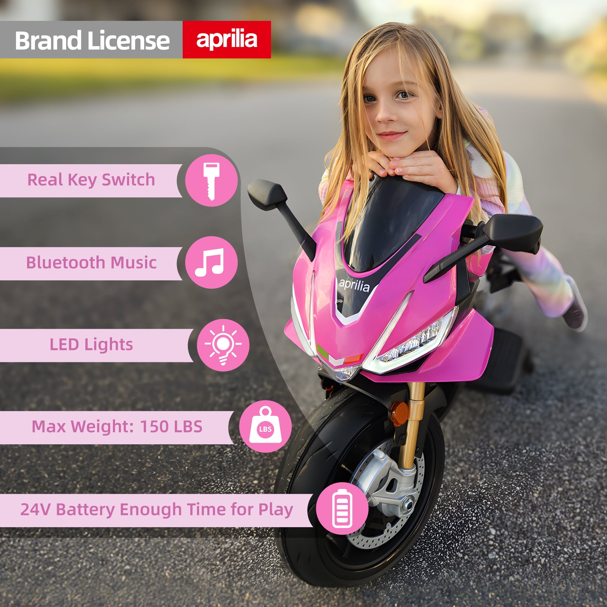 BKIRNP Aprilia 24V Kids Motorcycle Electric Motorbike Ride on Toy w/LED Lights Bluetooth Music Battery Powered 6MPH for Kids 3-6 Years Old