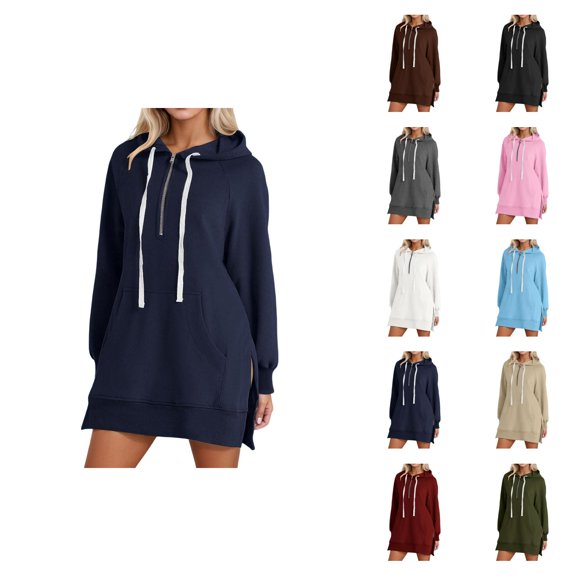Womens Hoodie Dress 2026 Fall Winter Fashion Long Sleeve Side Slit Hem Half Zip Hooded Sweatshirt Dress Pullover with Pockets