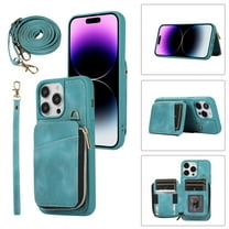 Crossbody Wallet Case for iPhone 13 Pro Max, Zipper Pocket Case with Card Holder, PU Leather Protective Cover Case with Kickstand Detachable Wrist Strap Lanyard for 6.7", Green