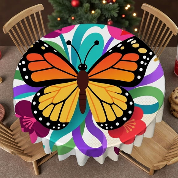 Tablecloth for dining table - butterfly on a colorful flower Print, Machine-Made Holiday-Themed Design tablecloths for round tables, Cafe, dinner, brunch, buffet, picnic