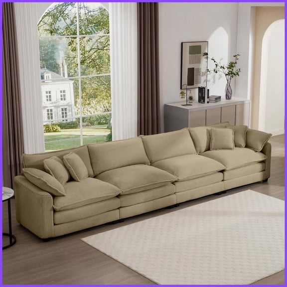 Modern Corduroy 4-Seater Sofa with 6 Pillows - Comfortable Upholstered Sofa for Living Room Office Apartment