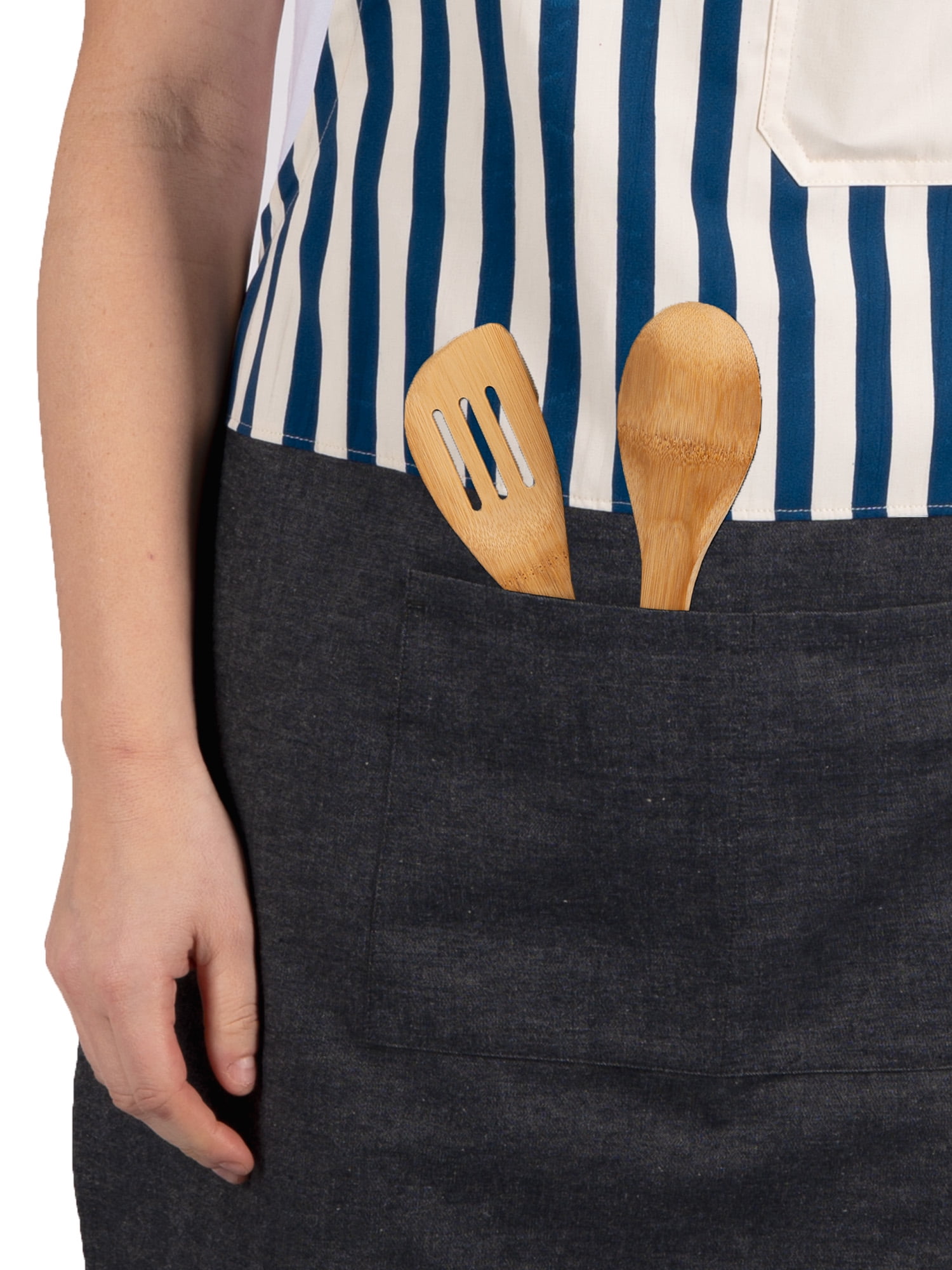Mainstays Chef Kitchen Apron, 28" x 32" Stripe Cotton Bib Apron with Pockets for Cooking, Baking, Gardening in Navy