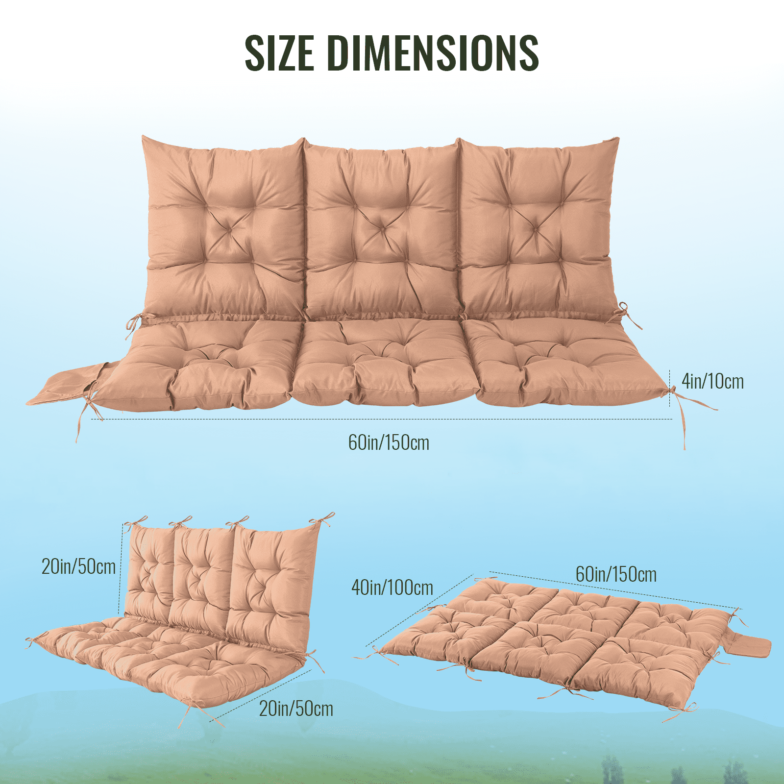 Outdoor Bench Cushion Inlife Swing Chair Cushion Waterproof Sun-Resistant with 8 Nonslip Ties, Khaki 150cm*100cm