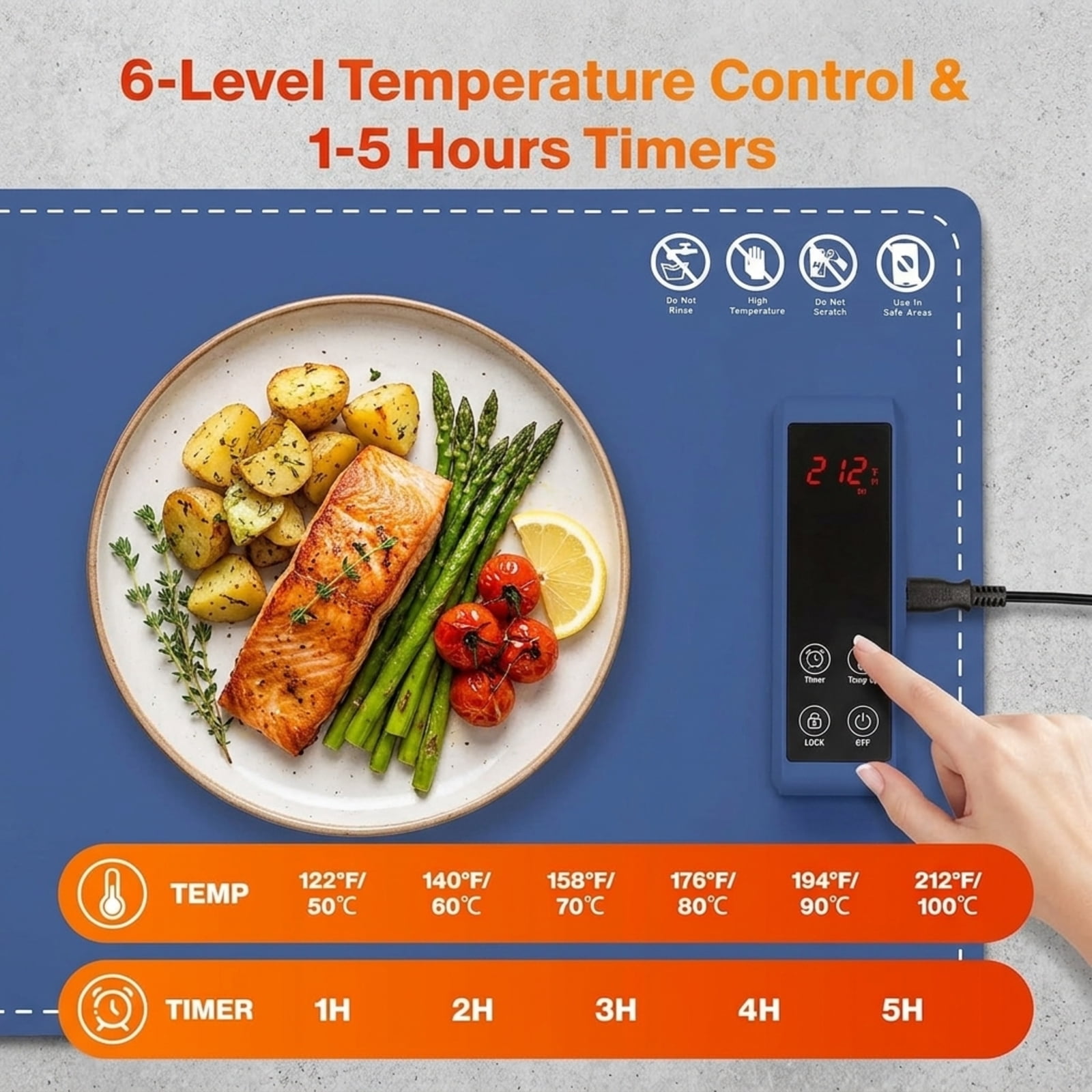 Fenbeli Food Warming Tray, Full-Surface Electric Heating Mat with 6 Temperature Levels, 5 Timer Settings, Foldable, Blue