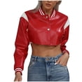 thumbnail image 3 of HTNBO Women's Bomber Jackets Leather Button Casual Cropped Baseball Jacket Fashion Motorcycle Jacket Short Varsity Outwear, 3 of 7