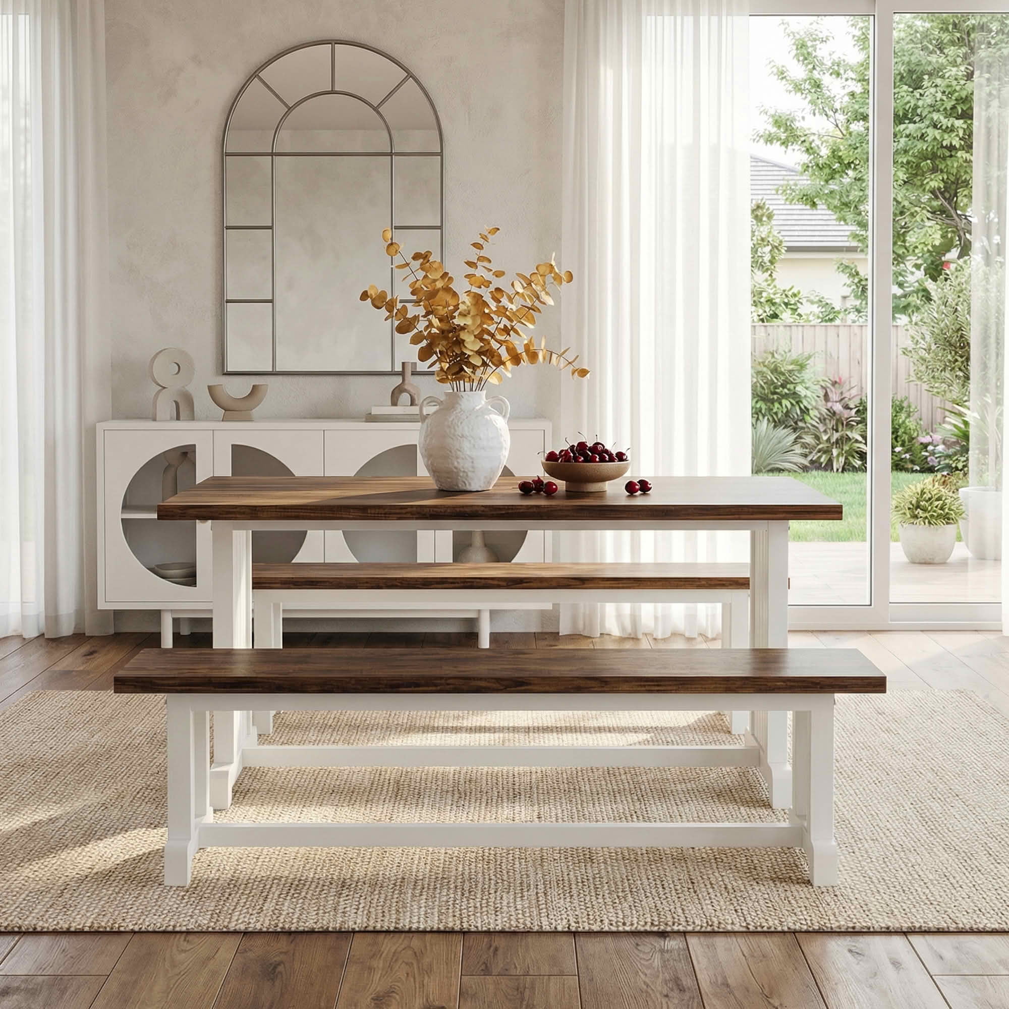 MAYEERTY 3-Piece 47" Farmhouse Dining Set with Table & Benches, 4-6 Seater Sturdy MDF & Metal Frame, Multiuse Home Cafe Furniture