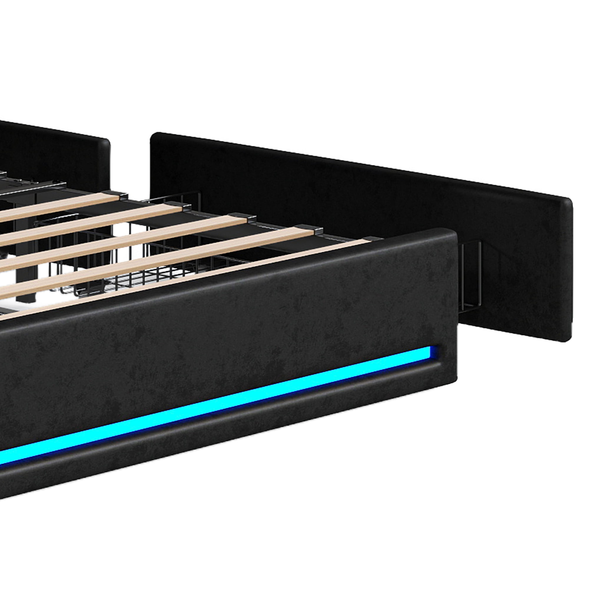 Uforic Queen Size Velvet Upholstered Bed Frame with RGB LED Ambient Light, Built-in Charging Station, No Box Spring Required, Cool Black