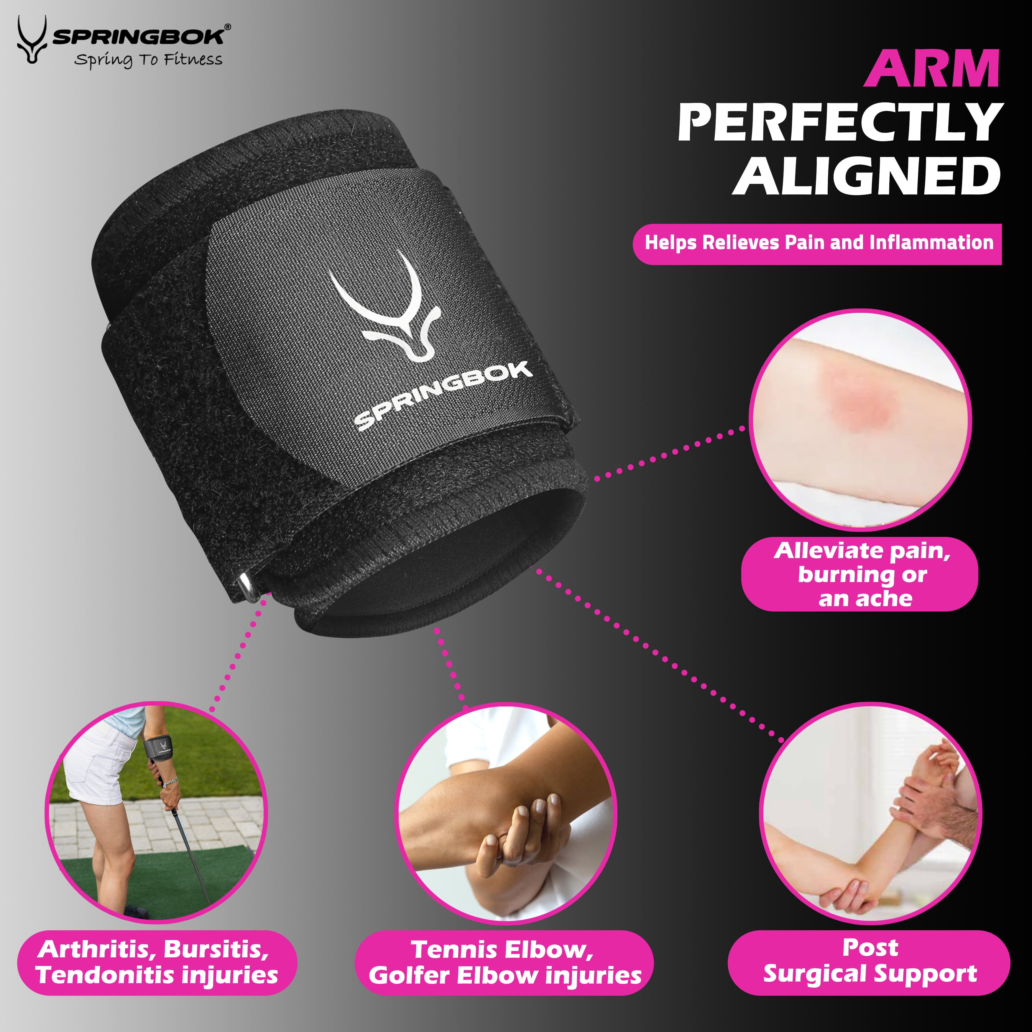 Springbok Tennis Elbow Brace – Adjustable Elbow Strap for Tendonitis & Golfer's Elbow – Compression Support Band for Forearm Pain Relief – Non-Slip Fit for Men & Women (Single, Black)