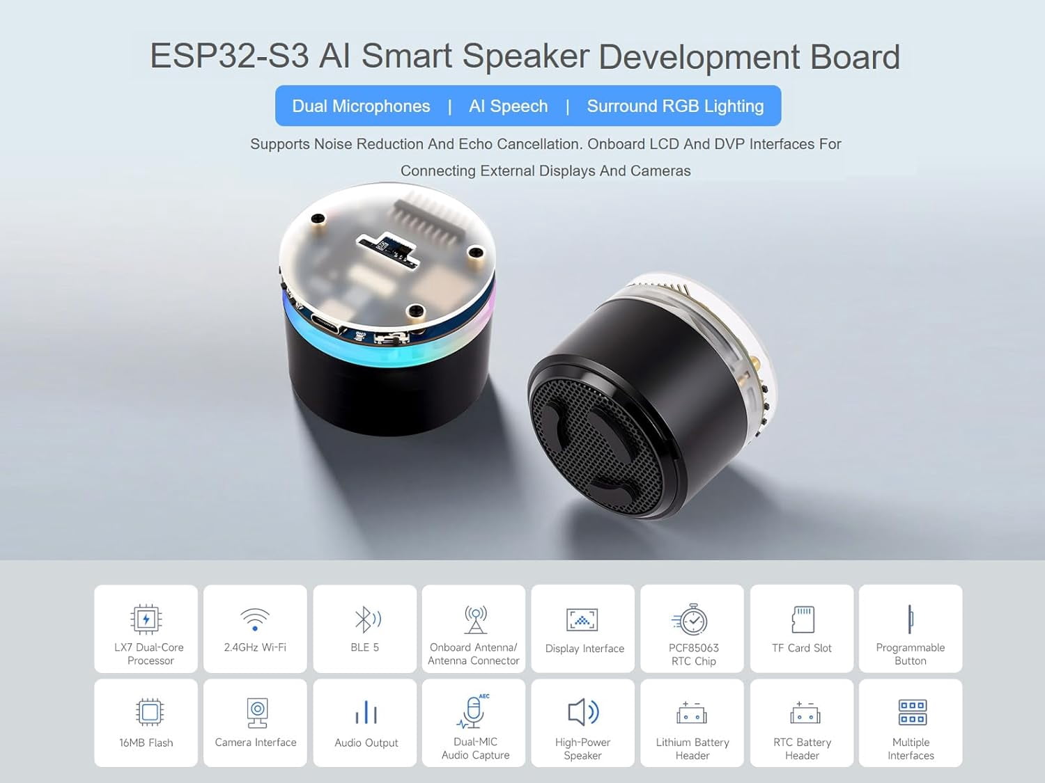 ESP32-S3 AI Smart Speaker Development Board, Supports Dual-MIC Audio Capture, AI Speech Interaction, Surround RGB Lighting, External LCD Displays and Cameras, 2.4GHz Wi-Fi & BlE 5, etc.