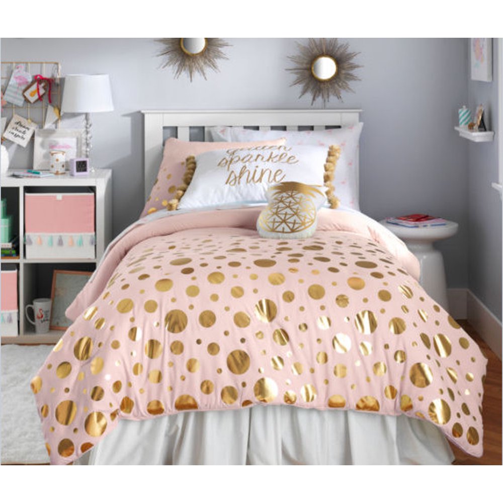 Blush Pink And Gold Teen Girls Reversible Full Queen Comforter And Shams