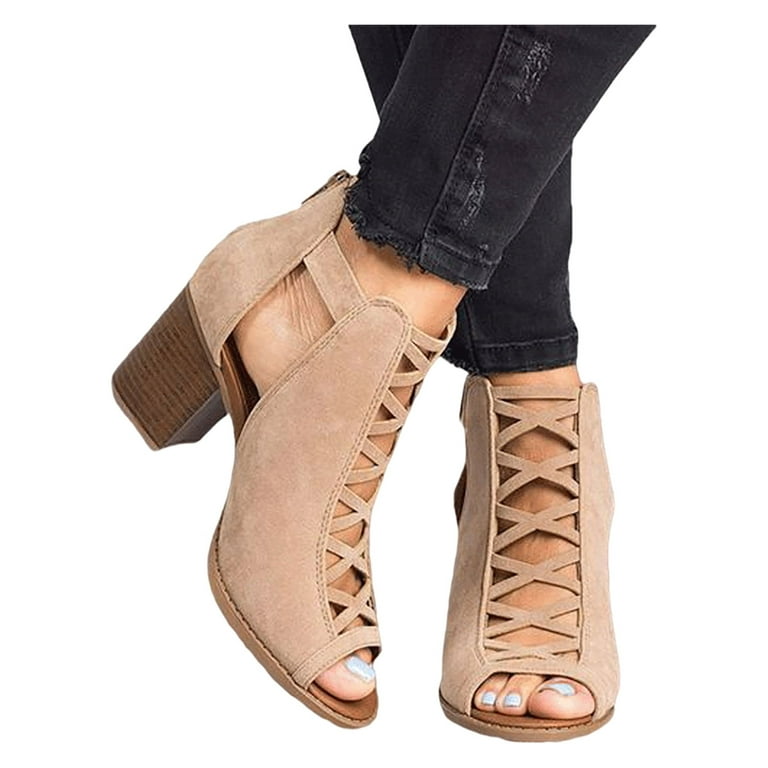 SIMANLAN Womens Ankle Strap Peep Toe Chunky Heel Gladiator Sandal