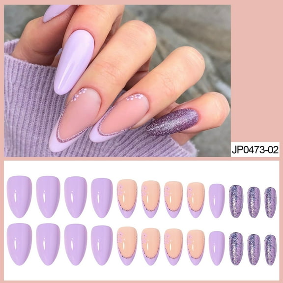 Elegant Light Purple Glitter French Nails 24pc Reusable Manicure With Jelly For Effortless Beauty