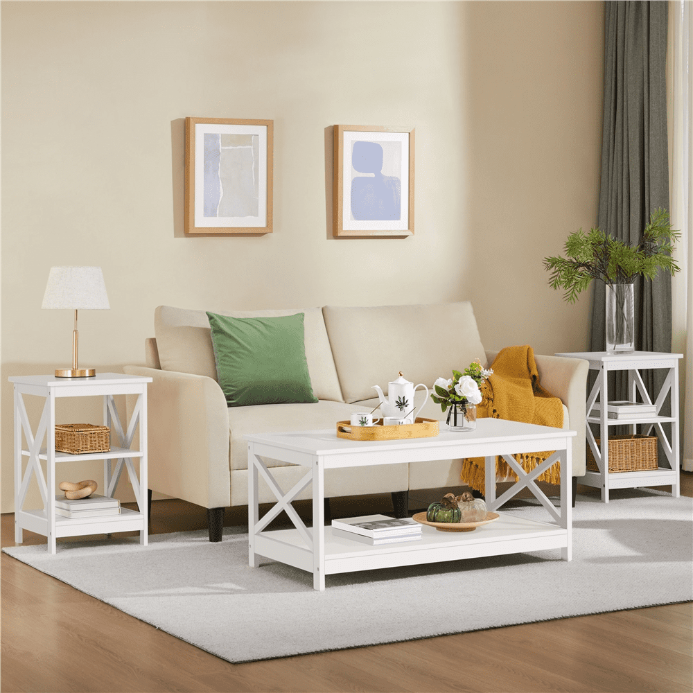 Renwick 3 Tier Wood X Shape End Table for Livingroom Bedroom, White