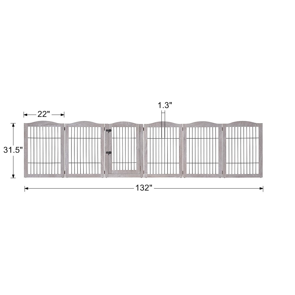Unipaws Extra Wide Freestanding Dog Gate, 6 Panels Pet Playpen with Wood and Wire, Walk Through Dog Gate with 5 Support Feet