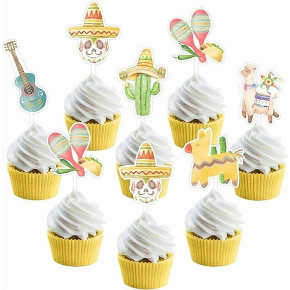24pcs Mexican Fiesta Party Cupcake Toppers, Cinco De Mayo Table Party Decorations Double-Sided Printing Table Decorations Cupcake Toppers for Mexican Theme Birthday Baby Shower