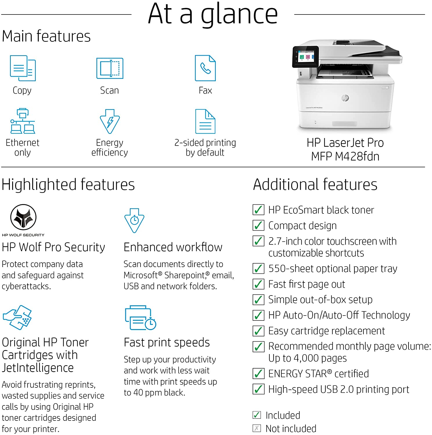 HP W1A29A#BGJ Laserjet Pro M428fdn Network Monochrome Laser all-in-one Printer: Copy, Scan, Fax, Printing - image 3 of 6