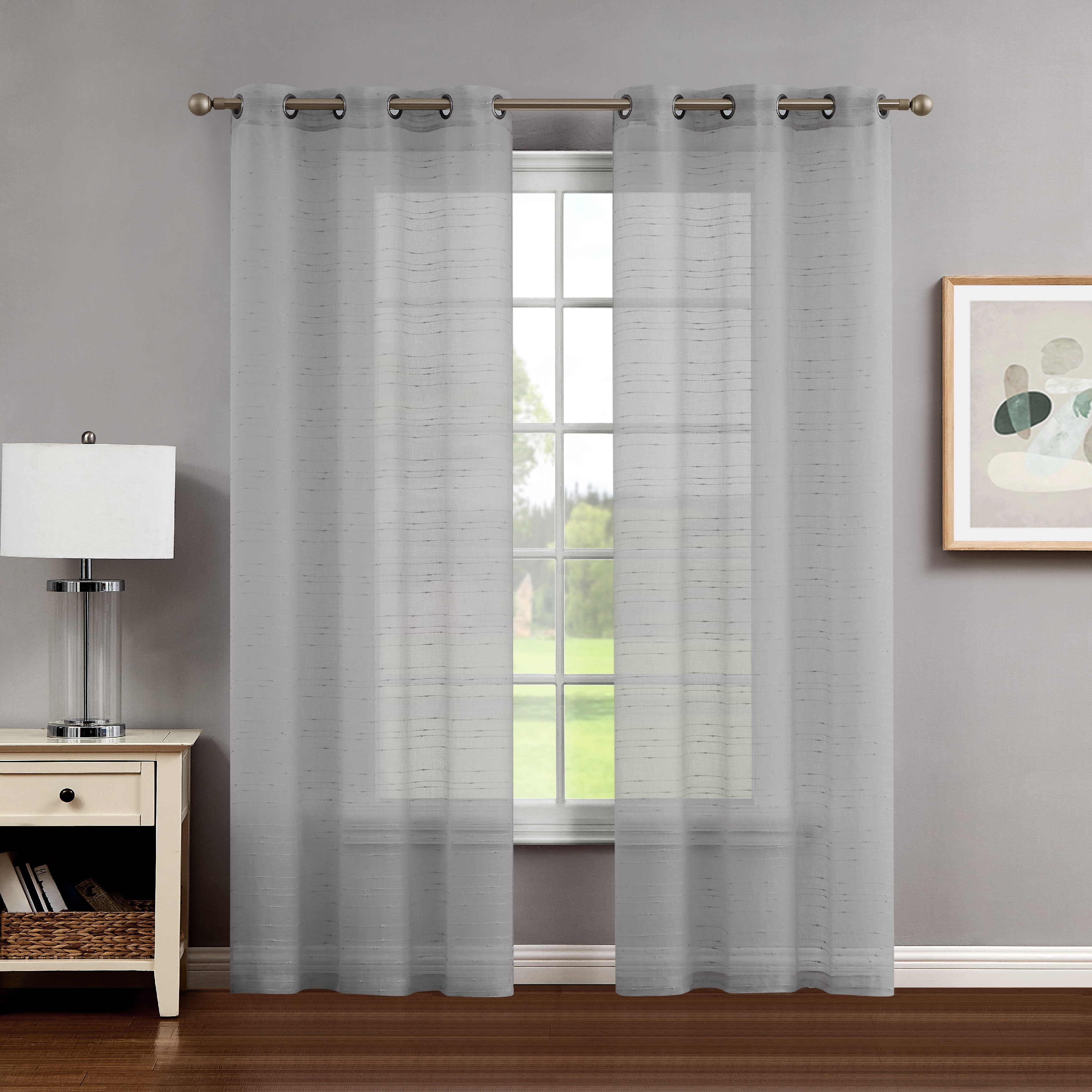 Light Gray Sheer Window Curtain Pair w Tiebacks, 38x96, Rosemary