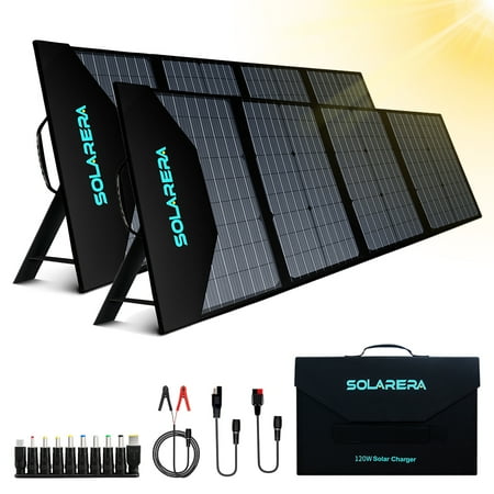 

SolarEra 120 Watts Solar Monocrystalline Panel with 10 in 1 Adapter High Efficiency Solar Battery Charger for Battery Charging Boat Caravan RV and Any Other Off Grid Applications 2Pcs